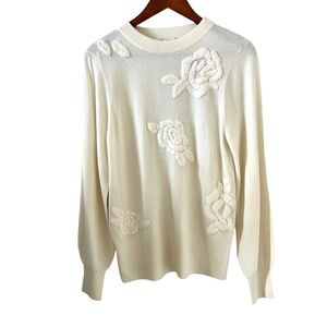 Sundance Brigitte Wool Blend Embroidered Floral Sweater In Cream Size M